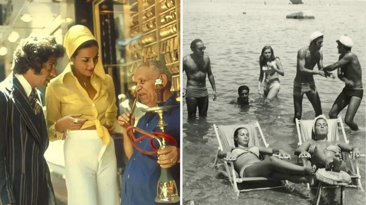 Left: Lebanese model Mona Ross in Beirut in the early 1970s. Right: Vacationers by the sea in Jounieh around the same time. 